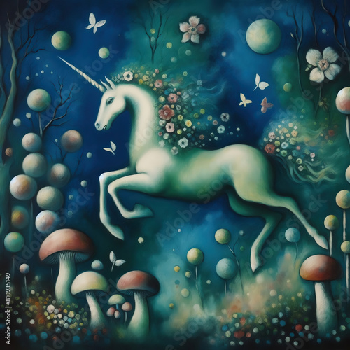 Illustrazione fiabesca di unicorno su scenario fantastico boschivo con farfalle funghi alberi fiori pianeti colorato delicato notturno  photo