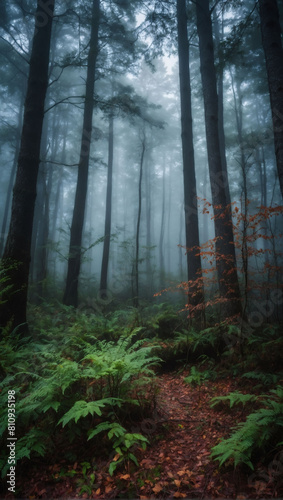 Foggy Woods, Forest veiled in mist, trees obscured.