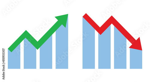 Graph going Up and Down sign with green and red arrows vector. Flat design vector illustration concept of sales bar chart symbol icon with arrow moving down and sales bar chart with arrow moving up.