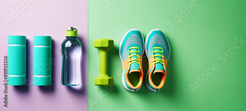 Fitness Refresh: Color-Blocked Sneakers and Gear on Pastel Background