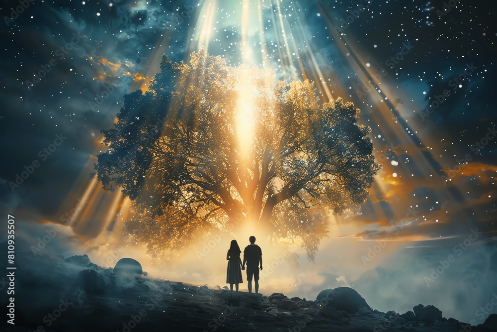 Capture a dramatic low-angle view of Adam and Eve standing beneath the symbolic Tree of Knowledge Capture a dramatic low-angle view of Adam and Eve standing beneath the symbolic Tree of Knowledge