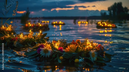 During the ancient celebration of Ivan Kupala a vibrant spectacle unfolds as floral wreaths adorned with flickering candles drift upon the water embodying cherished national customs and pag
