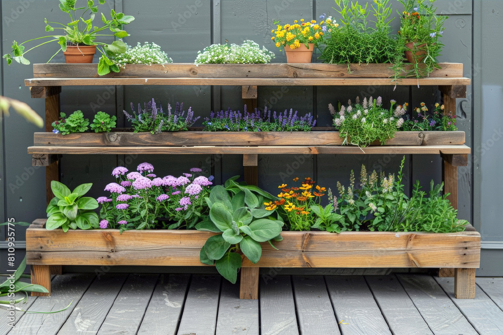 Wooden tiered gardening shelf with potted summer herbs and flowers on a summer garden background. Different plants on wooden 3 tier standing planter. Home gardening hobby concept.