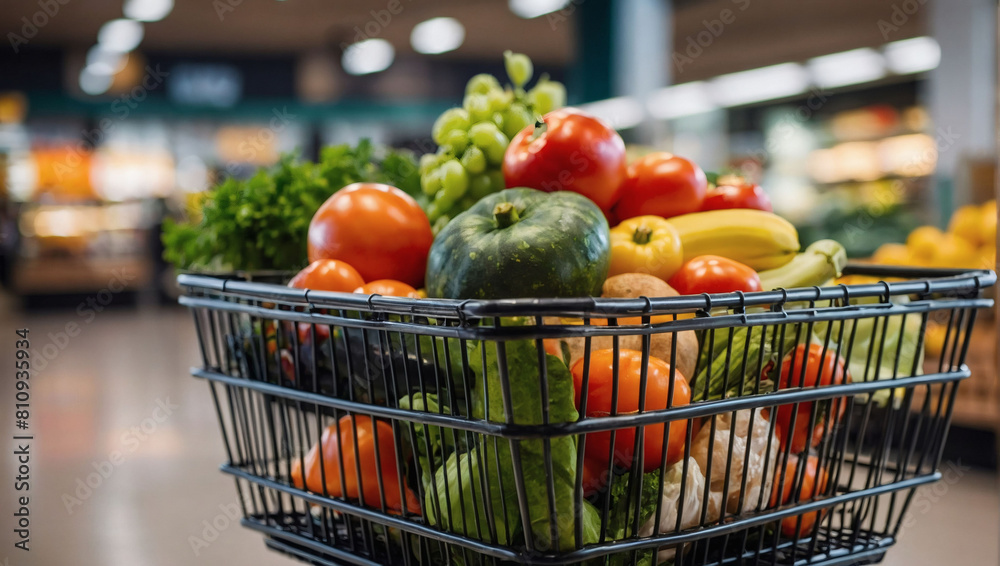Fresh Market Finds, Shopping Basket Filled with Fresh Food on Supermarket Background