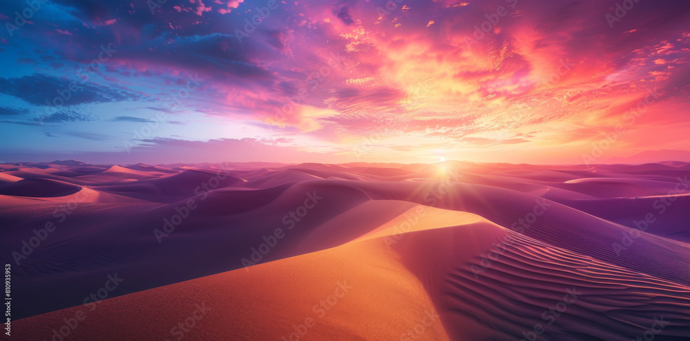 An expansive desert landscape at sunset, vivid colors in the sky, dunes creating patterns, portraying the beauty of wilderness. Resplendent
