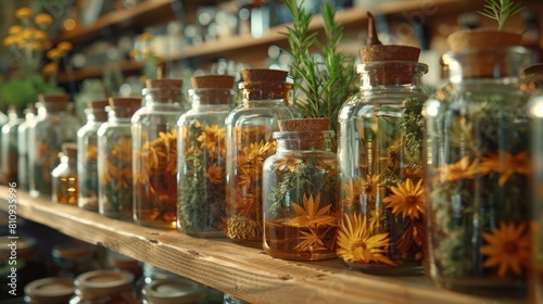 old-fashioned glass jars with cannabis oil on wooden shelf  promoting natural remedy concept in vintage style
