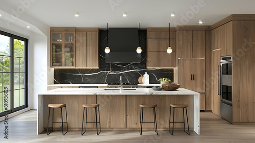 A modern farmhouse kitchen with oak cabinets, black marble backsplash and white quartz countertop island