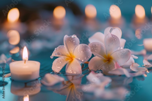 flowers and burning candles at spa salon creating relaxing atmosphere