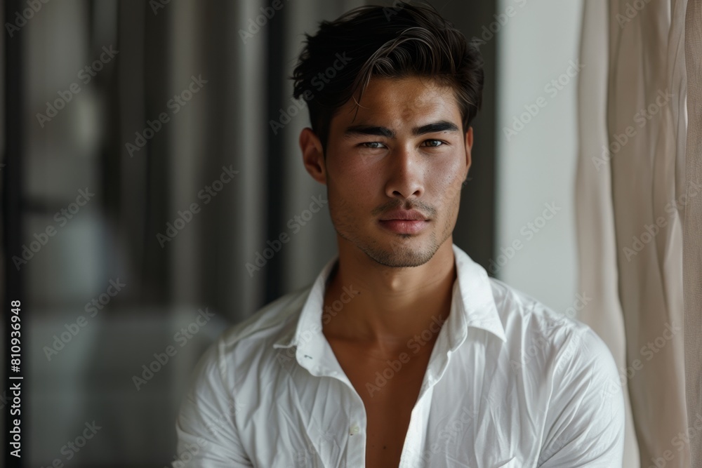 asian handsome young guy model in white shirt in minimal apartment interior asian handsome young guy model in white shirt in minimal apartment interior