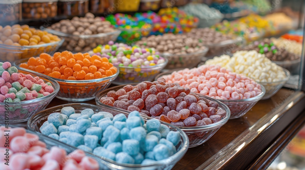 Assorted candies showcased in city market as natural foods
