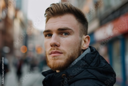 caucasian guy portrait closeup in the street of city with short blond hair and beard