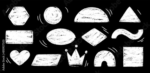 Hand drawn grunge crayon, charcoal, chalk abstract isolated scribble shape set in trendy style vector background. Creative modern design crown, circle, heart for collage, poster, banner