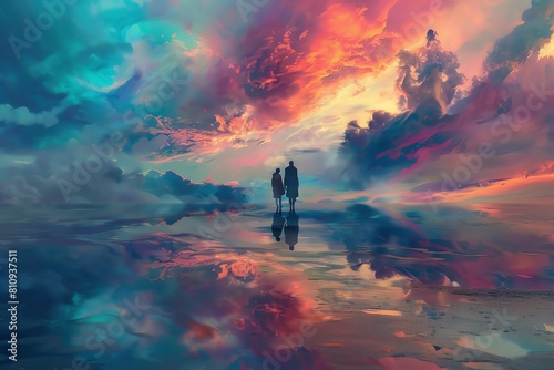 Capture forgiveness in a surrealist interpretation of the Heavens Second Coming Use dreamlike colors and distorted perspectives to convey a sense of peace and redemption photo