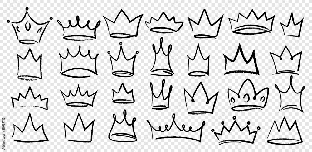 Hand drawn doodle set of grunge crayon, charcoal, chalk crown isolated icon. Scribble line sketches of king crown, majestic tiara, queen royal diadem vector. Graffiti royal coronation luxury symbol