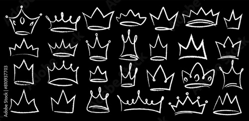 Hand drawn doodle set of grunge crayon, charcoal, chalk crown isolated icon. Scribble line sketches of king crown, majestic tiara, queen royal diadem vector. Graffiti royal coronation luxury symbol