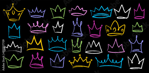 Hand drawn doodle set of grunge crayon, charcoal, chalk crown isolated icon. Scribble line sketches of king crown, majestic tiara, queen royal diadem vector. Graffiti royal coronation luxury symbol