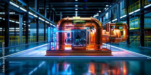 Industrial facility management: engineers inspecting intricate pipe system surrounded by complex machinery and equipment