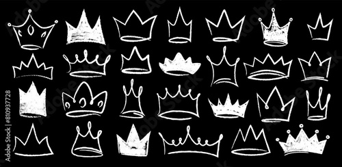 Hand drawn doodle set of grunge crayon, charcoal, chalk crown isolated icon. Scribble line sketches of king crown, majestic tiara, queen royal diadem vector. Graffiti royal coronation luxury symbol