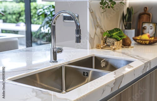 A photo of an undermount sink with a white marble countertop, showcasing the sleek design and high-quality materials in the kitchen interior