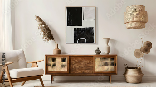 A painting of an abstract black and white artwork hanging on the wall in the style of Japandi, above a wooden sideboard with a wicker cabinet