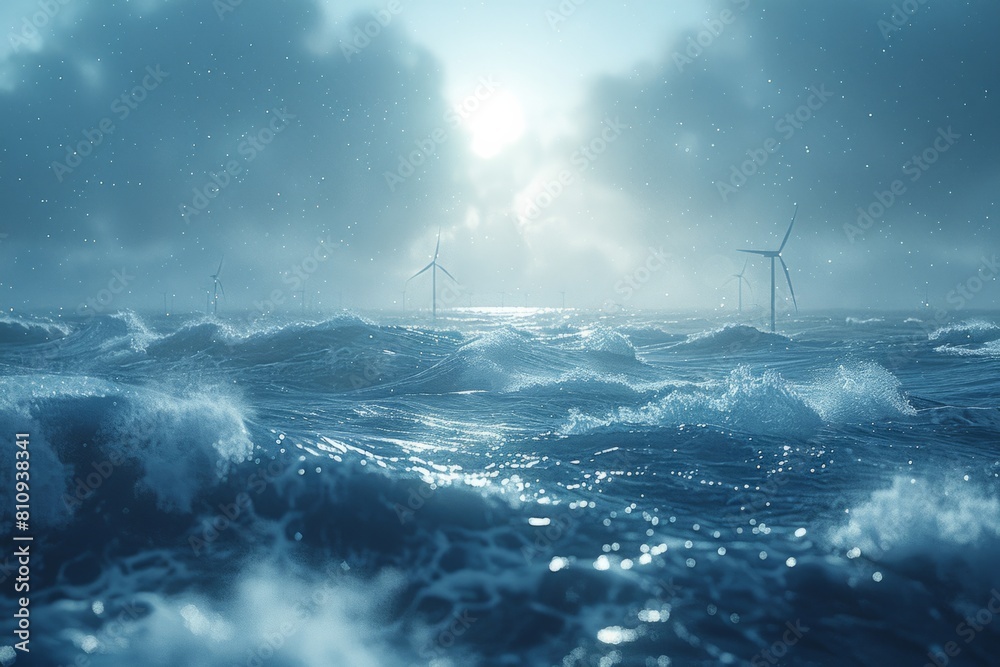 Wind turbines in ocean create beautiful landscape against daytime sky and water