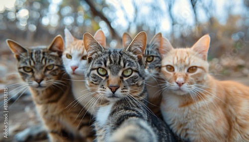 A group of cats in the park taking selfies.