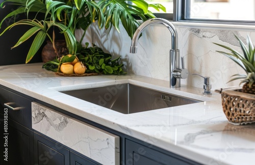 A photo of an undermount sink with a white marble countertop, showcasing the sleek design and high-quality materials in the kitchen interior