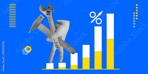 Improving labour productivity concept. Hand with hammer and spanner follows an ascending graph with a percent sign on a blue background. Minimalist art collage