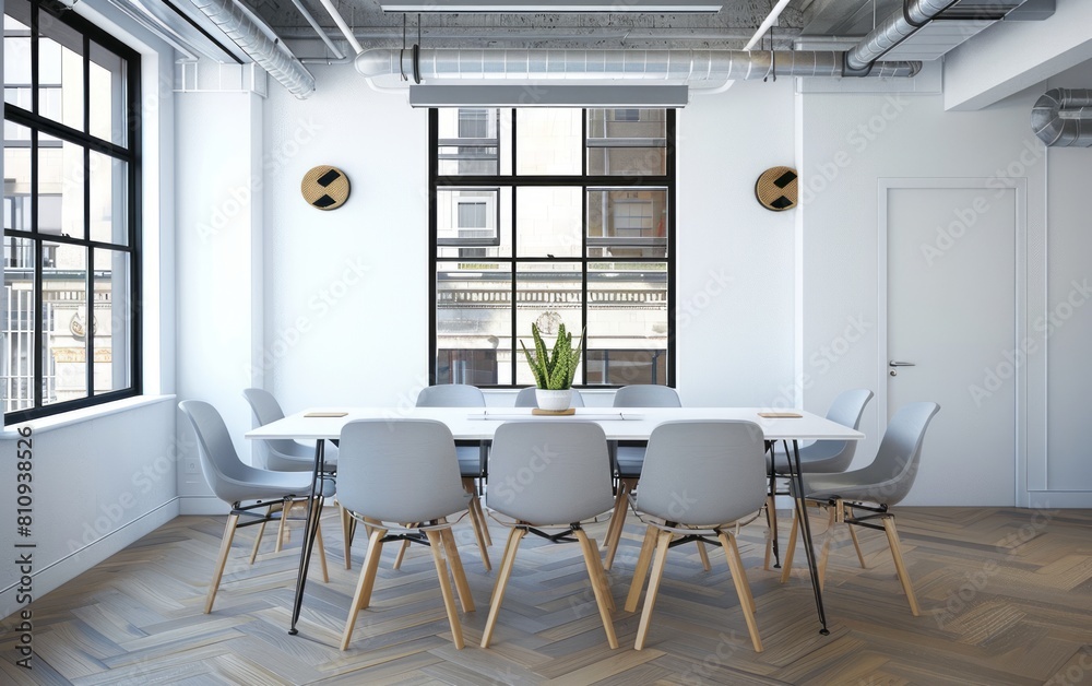 A photo of large meeting room with white wall, grey chairs and table in the center A photo of large meeting room with white wall, grey chairs and table in the center
