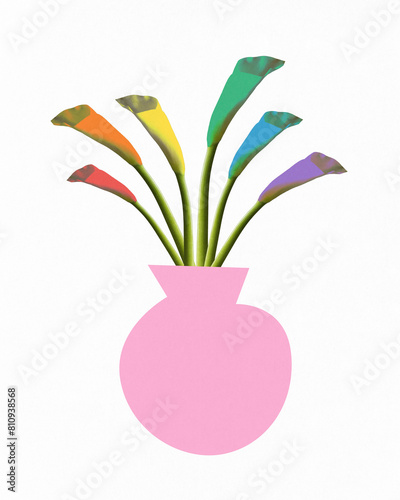 Poster. Contemporary art collage. Pink vase overflowing with brightly colored flowers against white background. Concept of Pride Month, human rights, freedom, equality, peace, LGBTQ movement. Ad
