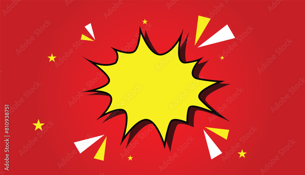 Pop art splash background, explosion in comics book style, blank layout template with halftone dots, clouds beams and isolated dots pattern on red backdrop. Vector template for ad, covers, posters.