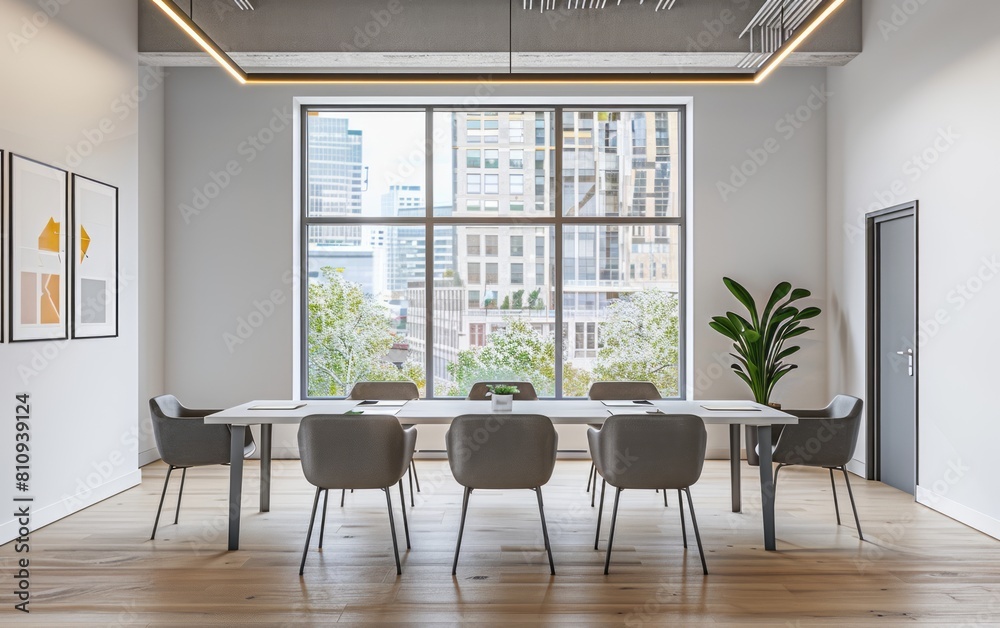A photo of large meeting room with white wall, grey chairs and table in the center