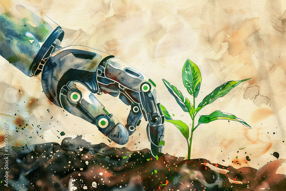 A robots hand gently pressing a seedling into the soil a watercolor blend of technology and nature