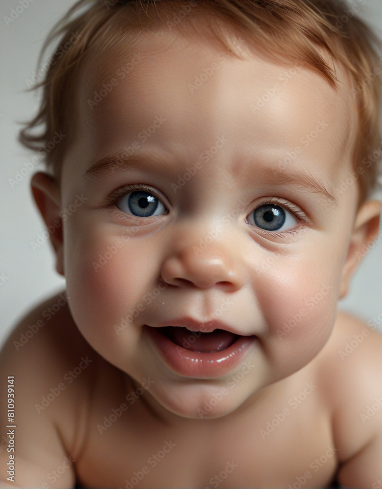 Charming, laughing little baby in diaper crawls with playful, curious expression against white studio background. Concept of childhood, motherhood, life, birth Charming, laughing little baby in diaper crawls with playful, curious expression against white studio background. Concept of childhood, motherhood, life, birth