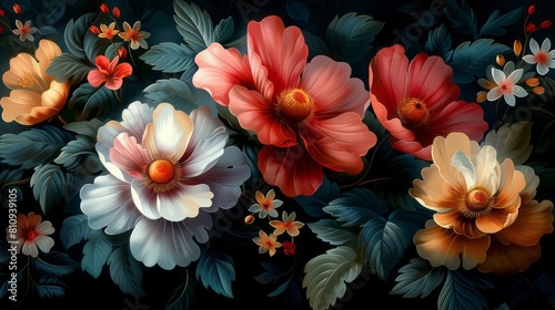 Vibrant floral pattern with a variety of flowers and leaves in a dark background photo