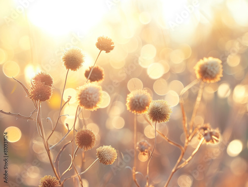 the image showcases a group of wildflowers bathed in the warm, golden light of the sun during the golden hour. the flowers appear to be dry or in the late stage of their life cycle, with fluffy, round