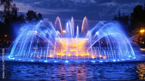 A beautiful fountain with blue and yellow lights at night.