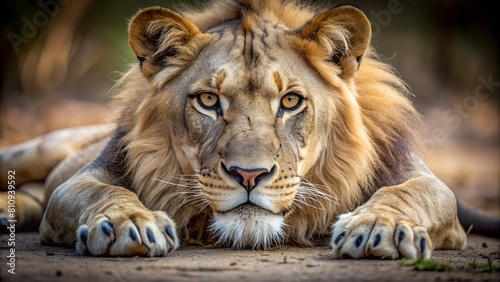 Close-Up of a Majestic Lion Lying on the Ground with Front Paws Outstretched