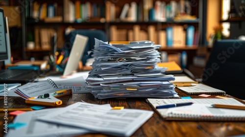 disorganized desk with strewn papers and pens, illustrating the concept of failed desk organization photo