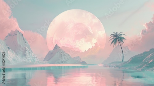 Escapism aesthetic  background.Desert valley with sand dunes and mountains scene. Sunset soft light. Surrealism atmospheric installation of magic pink arch. Loneliness escape feeling.