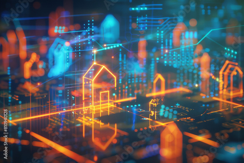 A scatter plot showing real estate price versus property size, data points brightly illuminated, trend lines, informative captions, displayed on a high-tech screen Created Using statistical