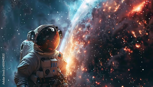 Astronaut in space suit against the background of the galaxy. © Asad