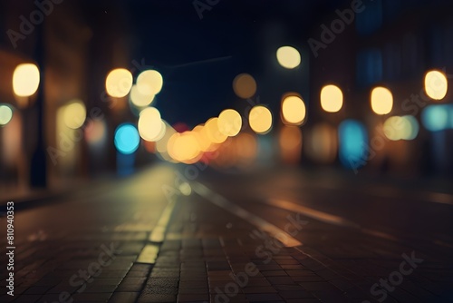 Abstract blurred night street lights background. Defocused image of a city street at night. Generative AI 