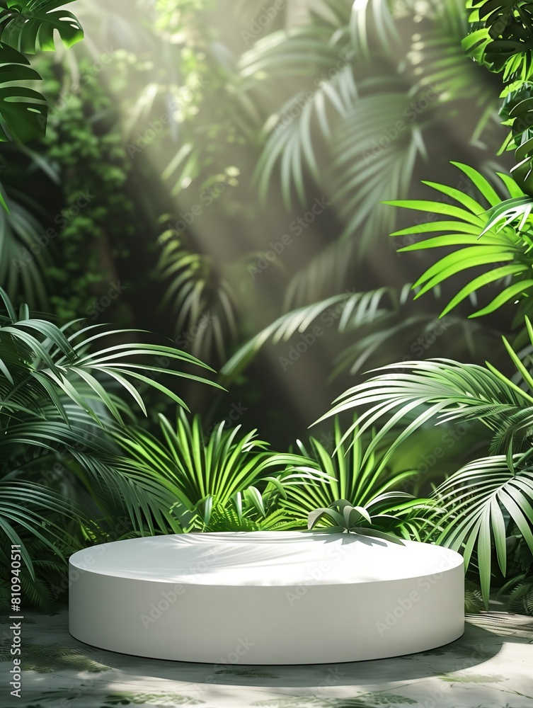 3d products display podium scene. Tropical rainforest in the background 3d products display podium scene. Tropical rainforest in the background