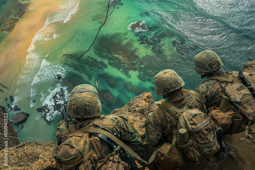 a scene from an aerial perspective, where an elite marine unit conducts an amphibious assault on a strategic coastal installation The marines, donned in camo gear and supported by advan photo