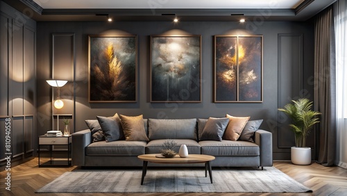 Stylish Living Room with Triptych Canvas Art on Black Wall - Modern Gallery Style with Gray Sofa