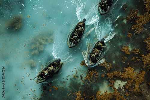 a scene from an aerial perspective, where an elite marine unit conducts an amphibious assault on a strategic coastal installation The marines, donned in camo gear and supported by advan photo