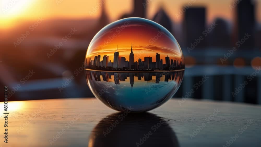 Footage featuring a glass ball with a reflection of a blurred sunset city lights in it on a reflective surface with a blurry background.
