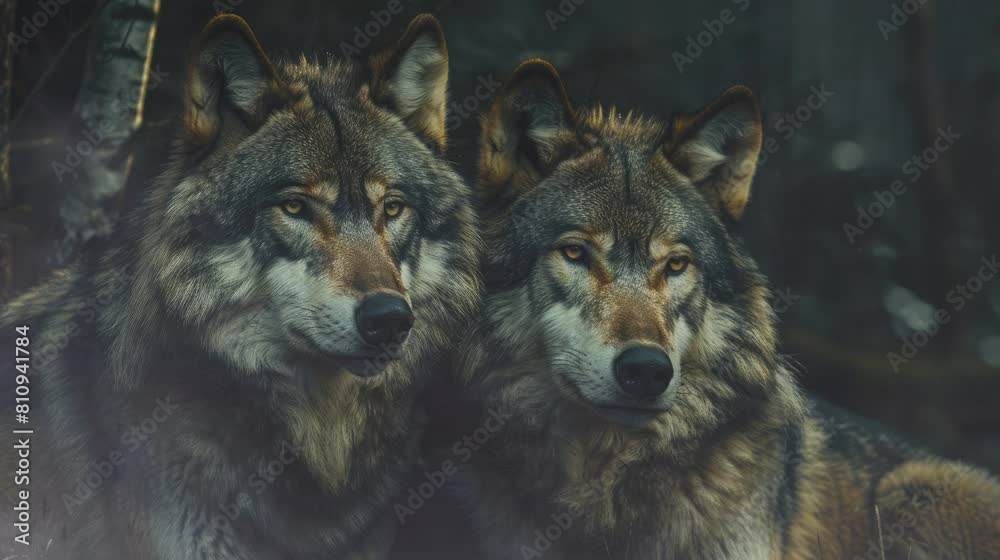a pair of wolves were sitting in the forest at night . seamless looping time-lapse virtual 4k video Animation Background. a pair of wolves were sitting in the forest at night . seamless looping time-lapse virtual 4k video Animation Background.