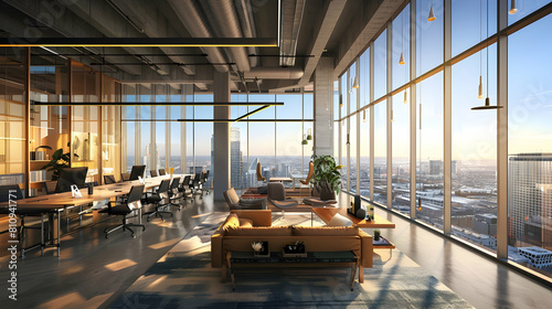 Cozy workspace with a panoramic view and areas for meetings and collaboration